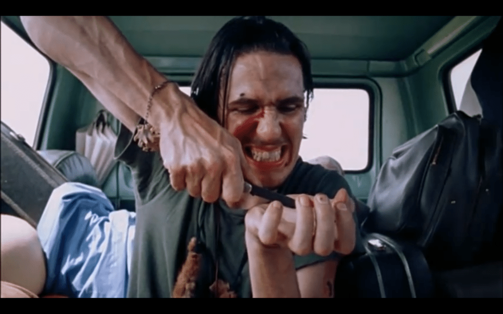 The hitchhiker gets creepy, borrowing Franklin's knife for the worst manicure ever.